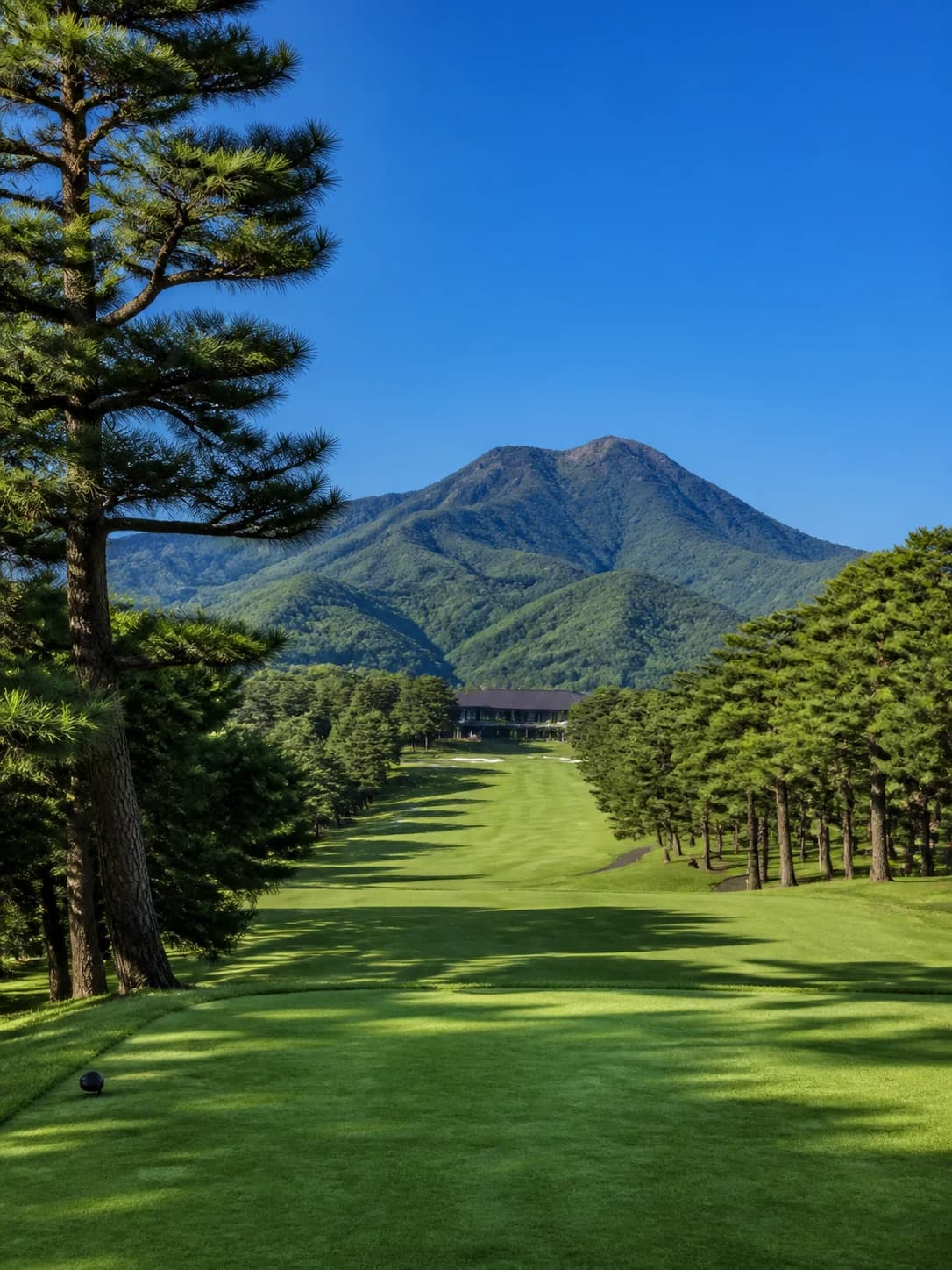 A pristine Japanese mountain golf course beneath a clear blue sky