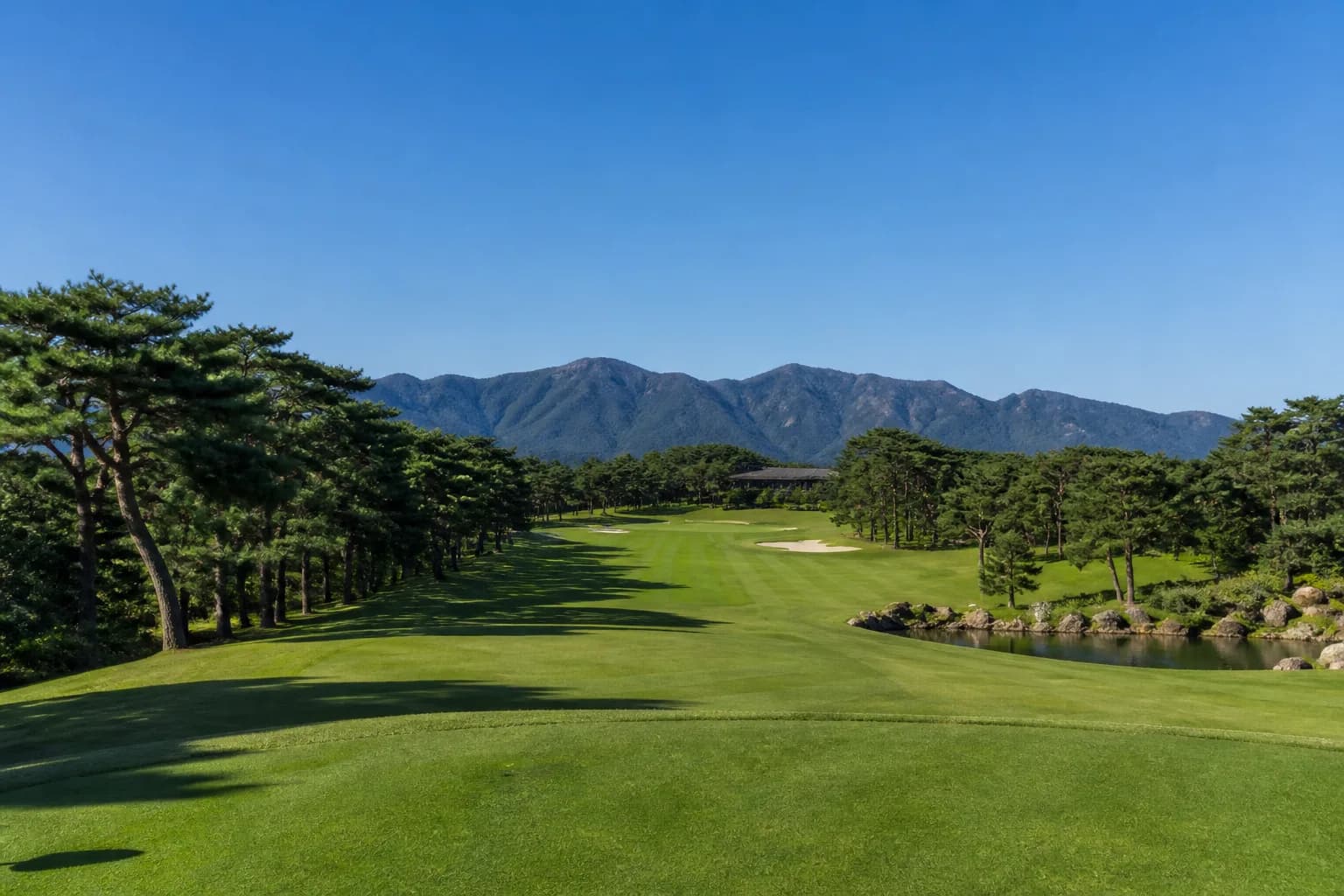 A sunlit Japanese golf course beneath a clear blue sky